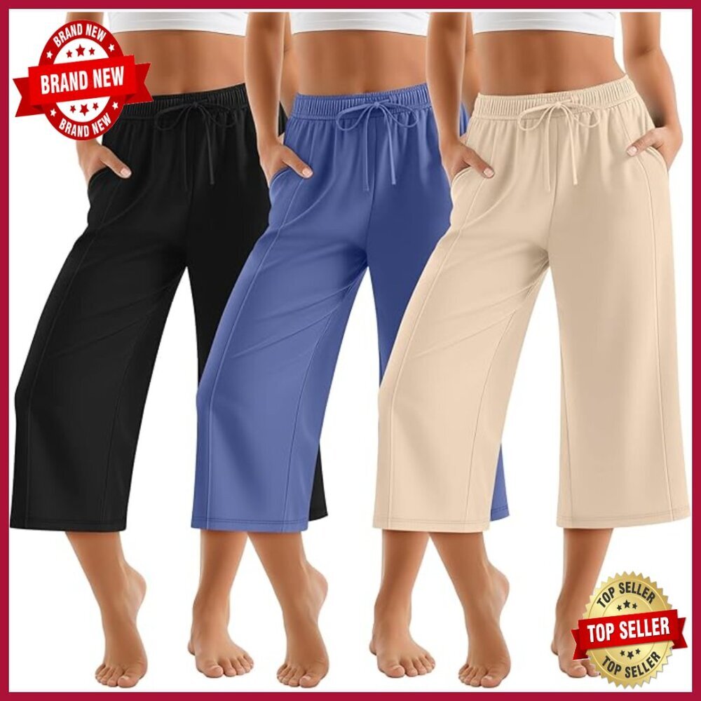 3 Pack Women's Wide Leg Capri Yoga Pants with Pockets Elastic Waist Lounge